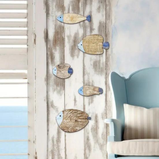 5Pcs/Set Vintage Wooden Fish Wall Decoration Nautical Coastal Ocean Theme Hanging Ornament School of Fish Beach Lake House Bathroom Wall Art