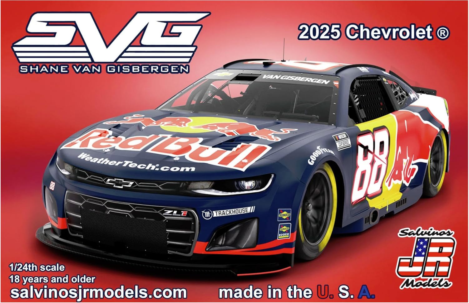 

Salvinos JR Models Scale Model Shane van Gisbergen Red Bull Chevrolet Camaro NASCAR Model Car THC2025SVGR 1/24 Car #88 2025,