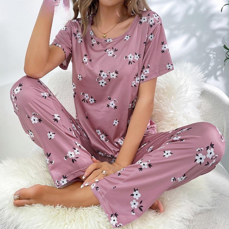 Women's Loungewear O-Neck Short Sleeve Long Pants Printed with  Pajama Set