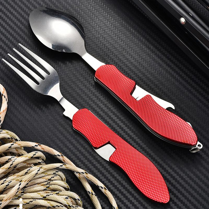 4 In 1 Tableware Foldable Stainless Steel Fork Spoon Knife Bottle Opener Portable Picnic Camping Hiking Travelling Dinnerware