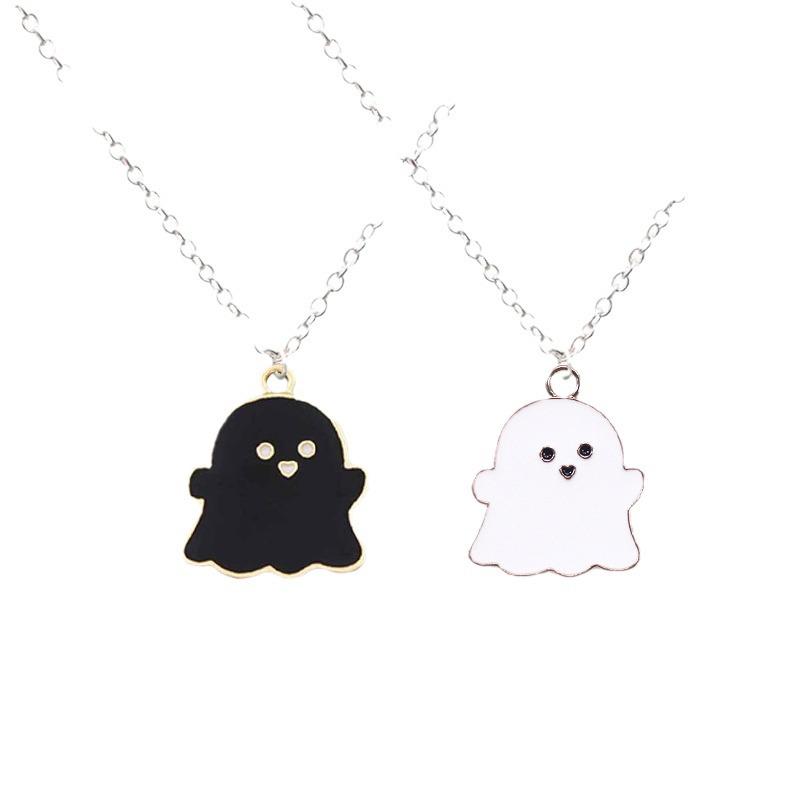 Black and White Ghost Necklace: Halloween Pendant Two-Piece Set for Girlfriend or Couple, Back-to-School Gift