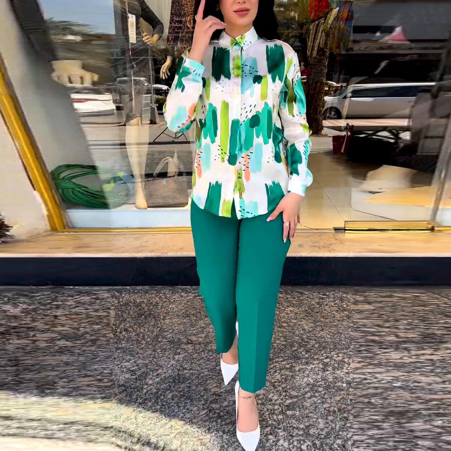 2025 Women s Summer Commuter Chic: Long-Sleeve Shirt & High-Waisted Cropped Skinny Pants Set M
