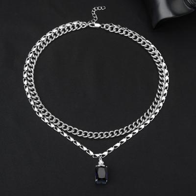 Stainless Steel Titanium Necklace With Crystal Accents Double Layered Chain Hip Hop Style Unisex Pendant Jewelry