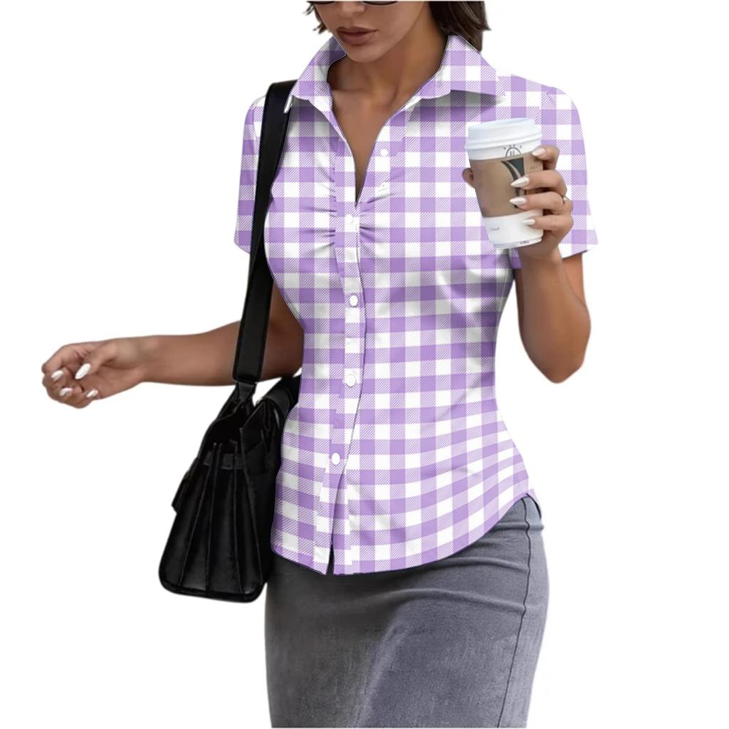 Women's Short Sleeve Button Down Shirt Slim Fit Collared Blouse Lightweight Breathable Summer Top for Casual Workwear