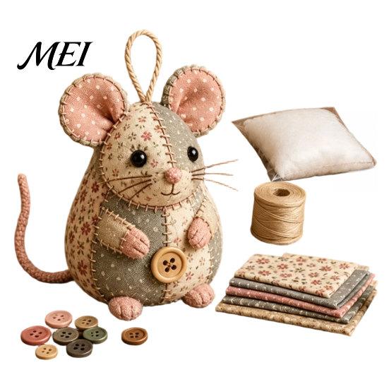Kit de Costura de Ratón Patchwork para Regalo Hecho a Mano, Set de Manualidades con Tela Floral, Relleno y Botones de Tela, Adorno de Peluche Lindo para Principiantes