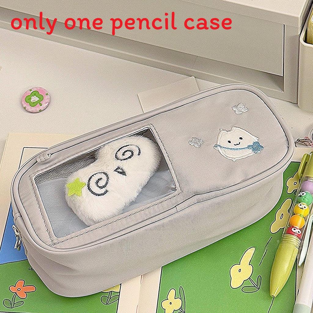 Простой пенал-котик с большим внутренним пространством и прозрачным окошком для школьников и офиса Gray Pencil Case
