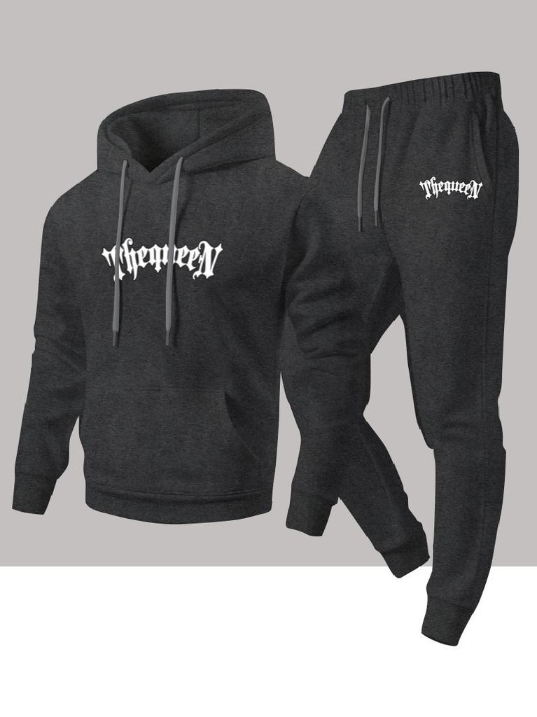 Men's fashionable casual two-piece set, new fleece-lined personalized letter print hooded shirt, sweatshirt and pants set