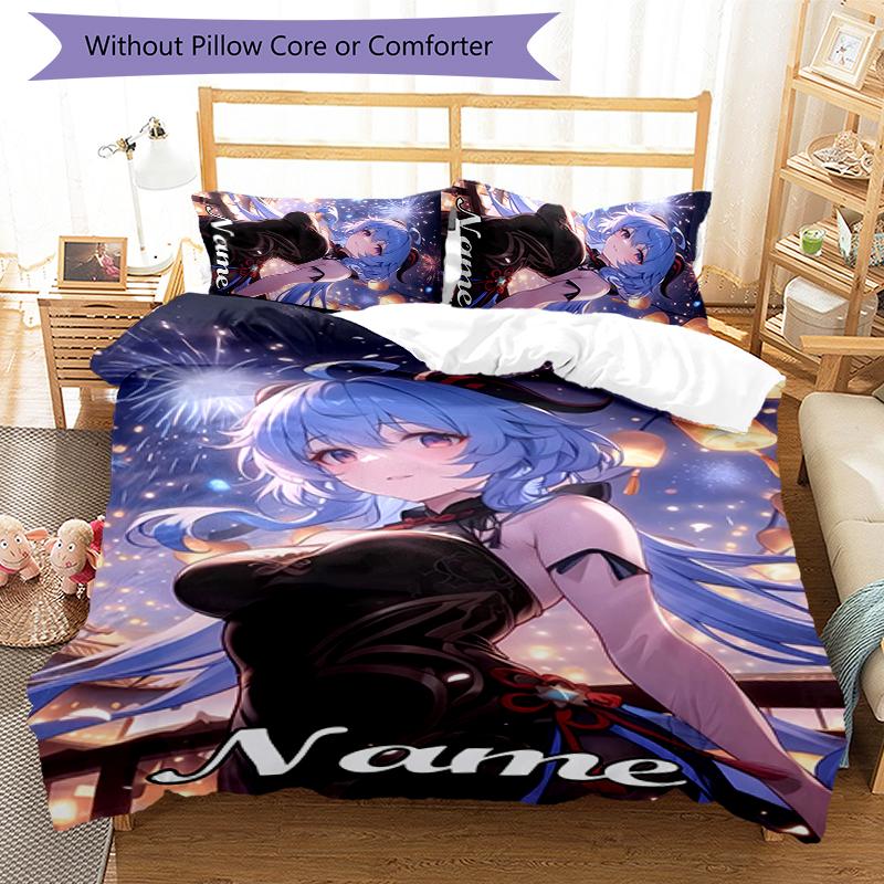 3pcs Custom Name Cartoon Genshin Impact Characters Bedding Set Duvet Cover Closure Includes 1 Duvet Cover & 2 Pillowcases for All Seasons Bedroom Deco