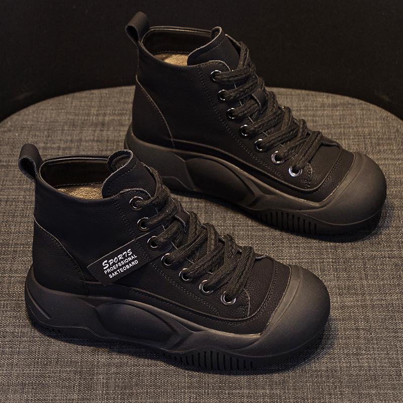 Leather Internet Celebrity High-top Shoes Children's Autumn 2025 New Popular Versatile Thick-soled Muffin Heightening Sports and Leisure Shoes