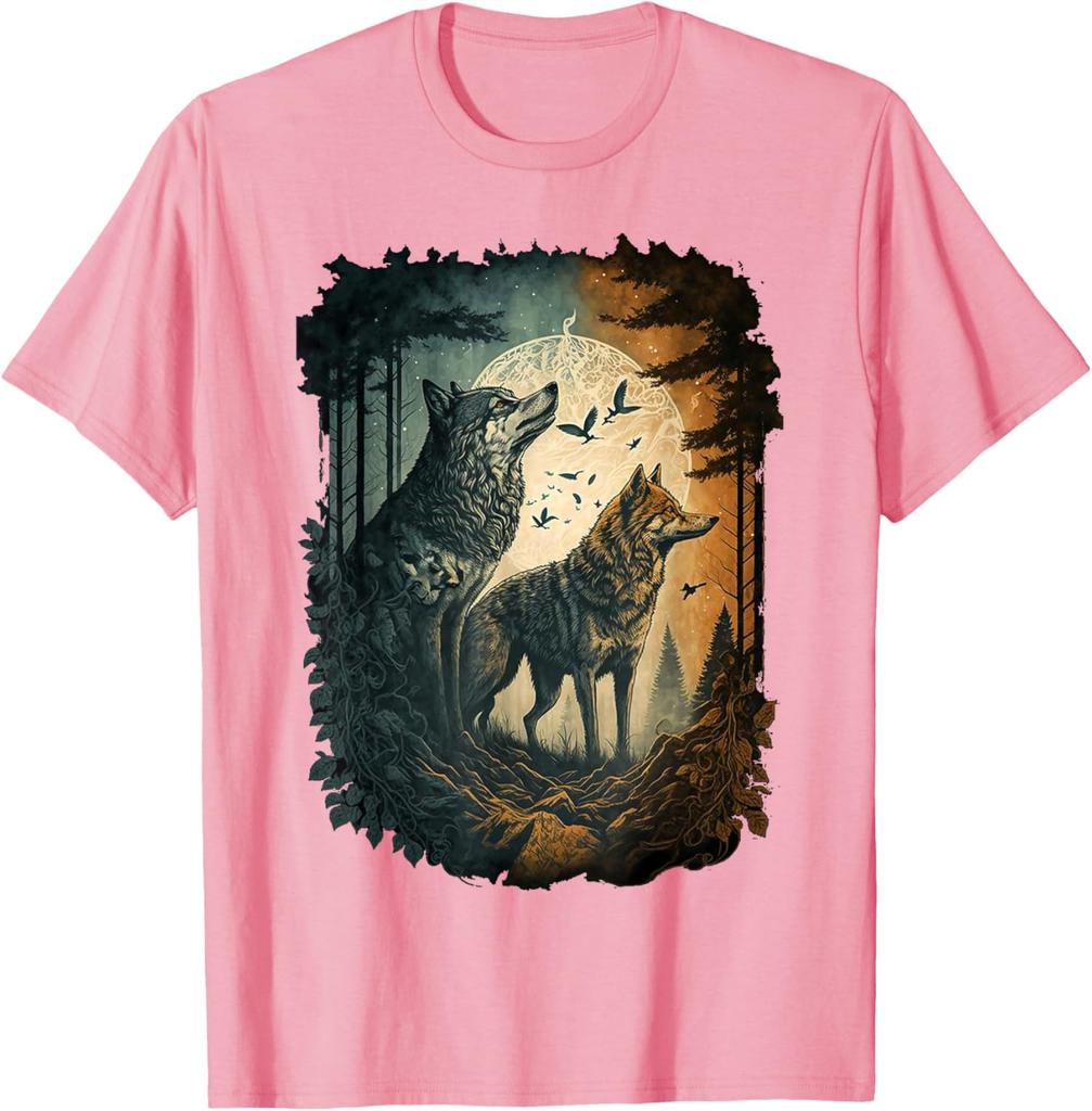 Wolf Howling Moon Forest Graphic Tee Men Women Casual Cotton Crew Neck T-Shirt Spring Autumn