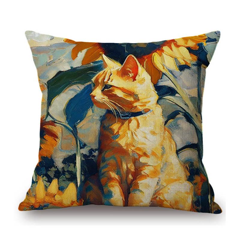 Gold Yellow Lovely Cat Kitten Oil Painting Modern Art Home Decoration Sofa Throw Pillow Case Cotton Linen Square Cushion Cover