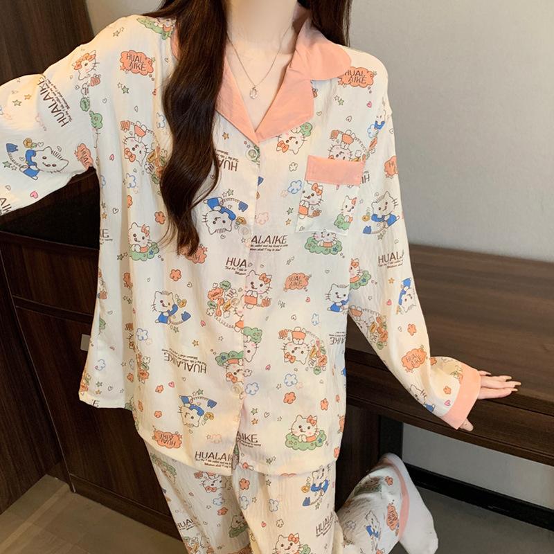 Cartoon Cat Pajamas Women'S Autumn Cloud Cotton Long-Sleeved Cardigan Cute Girl Can Wear Loungewear Suit