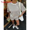 Summer Casual Striped Short Sleeve Tshirt And Shorts Lounge Set For Women