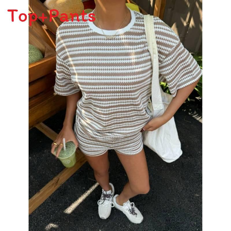 Summer Casual Striped Short Sleeve Tshirt And Shorts Lounge Set For Women