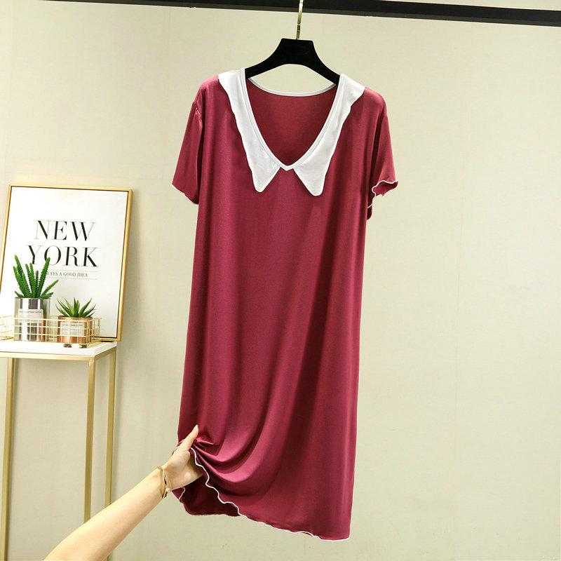 Modal Cotton Doll Collar Nightdress - Short Sleeve, Medium-Long, Loose Fit for Women