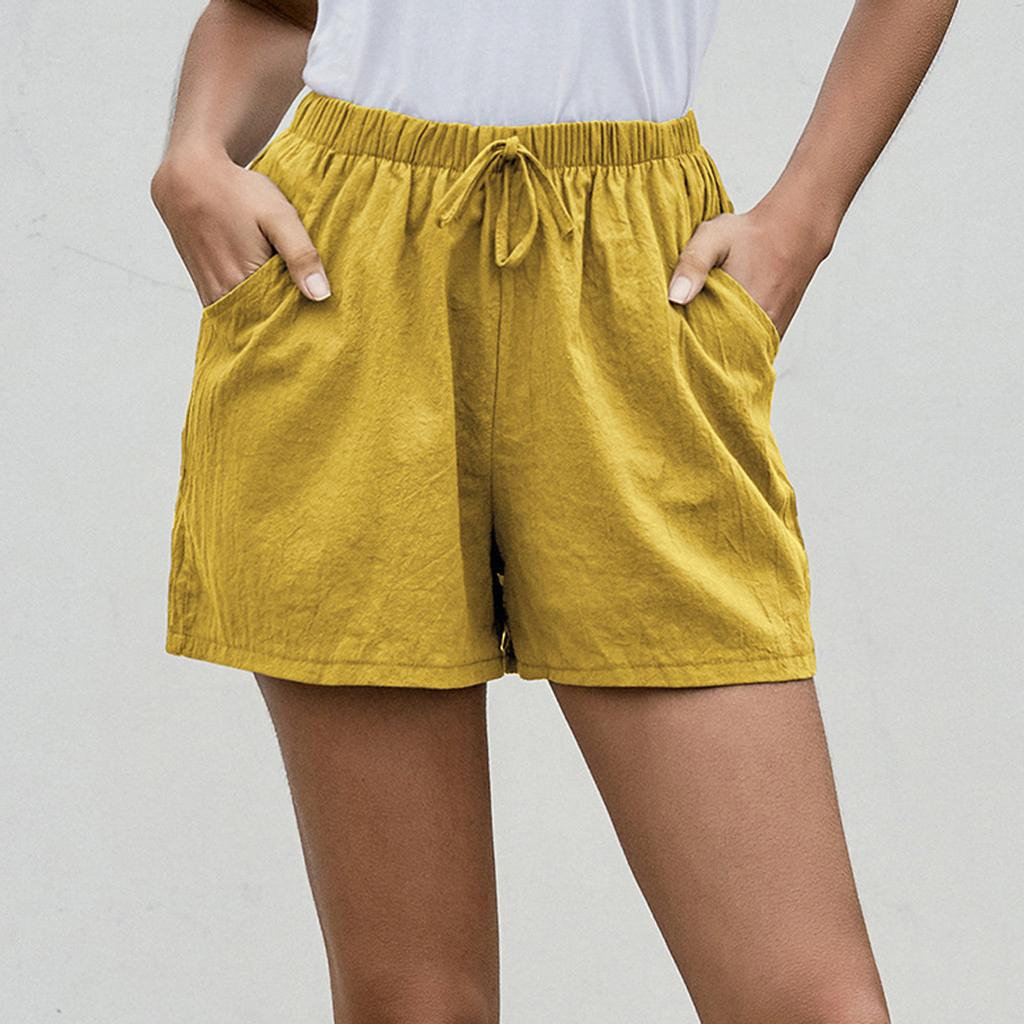 Women Solid High Waist Cotton And Linen Shorts Pants Casual Beach Shorts