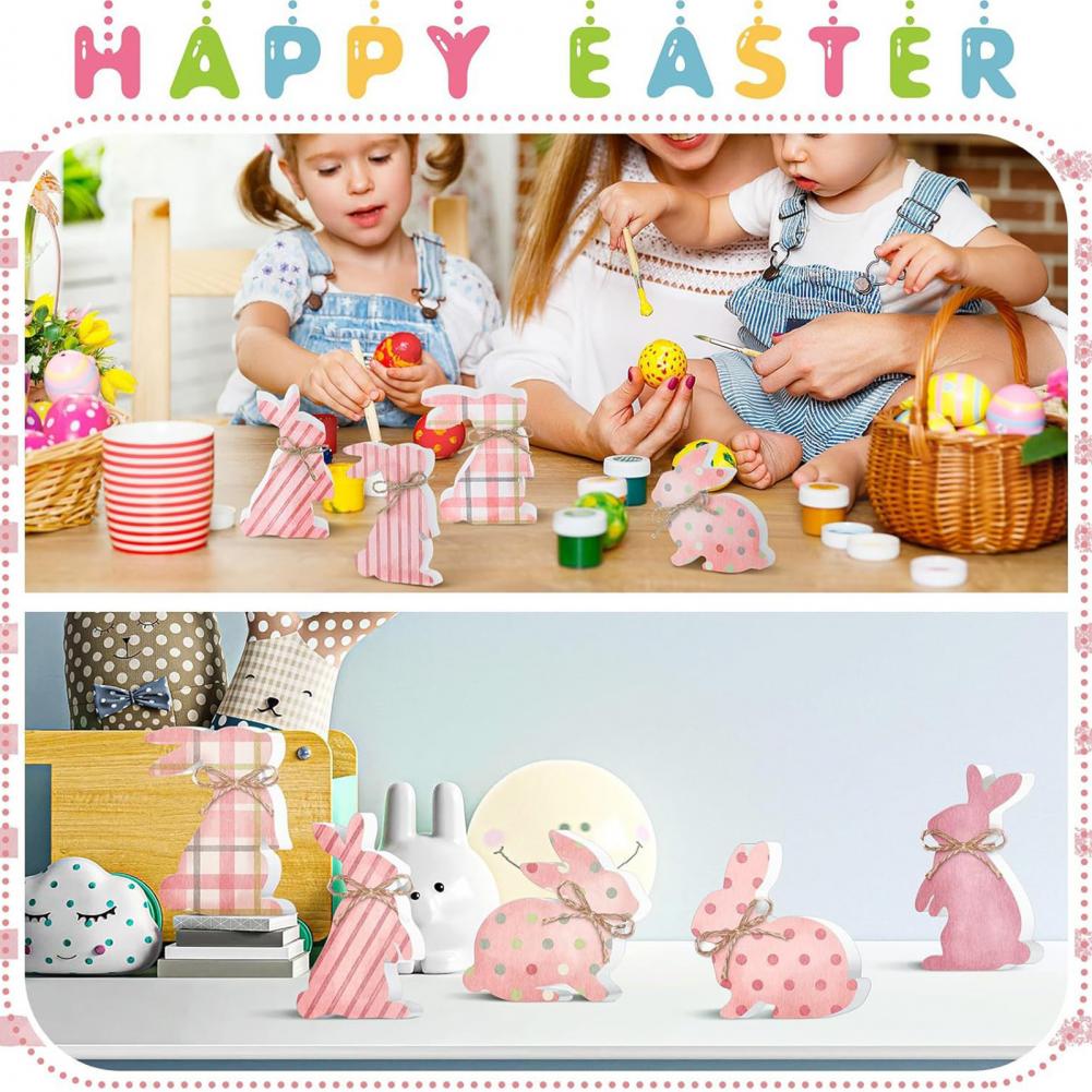Wooden Easter Decorations Easter Bunny Table Sign 6 Pcs Easter Bunny Wood Signs Rustic Pink Wooden Bunny Blocks for Spring