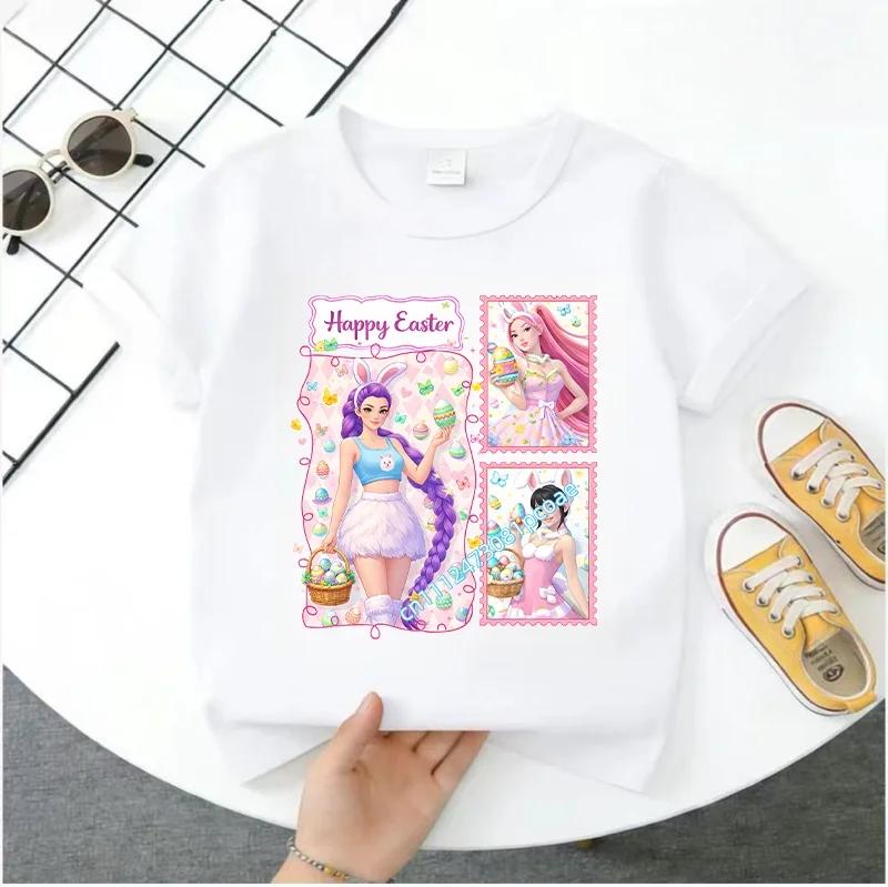 Summer Short-sleeved Cute Style Series K-pop Demon Hunters Children's Polyester T-shirt for Girls, Cute Sports Shirt for Girls