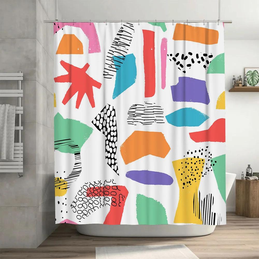 Colorful Geometric Shower Curtain Bold Abstract Design For Modern Bathrooms Polyester Fabric With Hooks Set Multicolor Decorativ