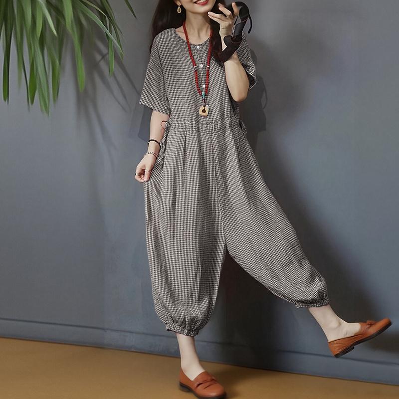 ZANZEA Women Casual Round Neck Short Sleeve Loose Grid Print Jumpsuits