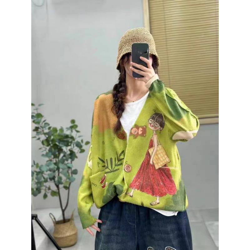 DIMANAF 2026 New Autumn Plus Size Sweaters Cardigan Oversize Women Pattern Floral Cartoon Printing Sweaters Knitting Loose Sweater