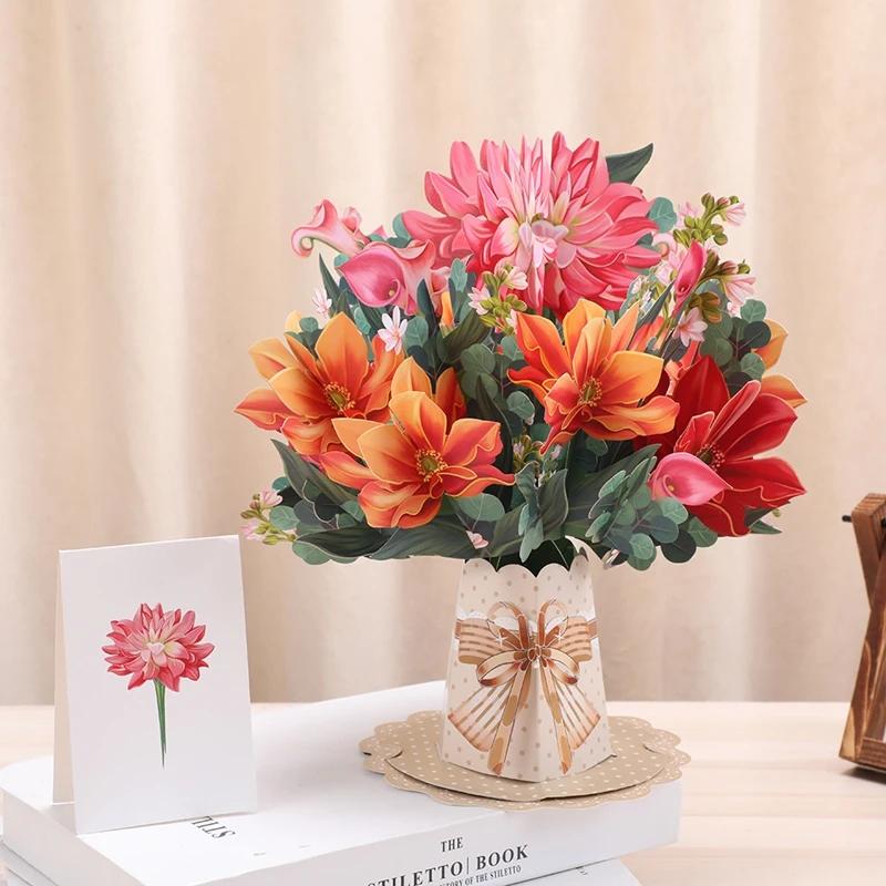 Premium 3D Pop Up Flower Bouquet Cards Mothers Day Gift Valentines Day Anniversary Birthday Greeting Card Thank You Wishes Gifts