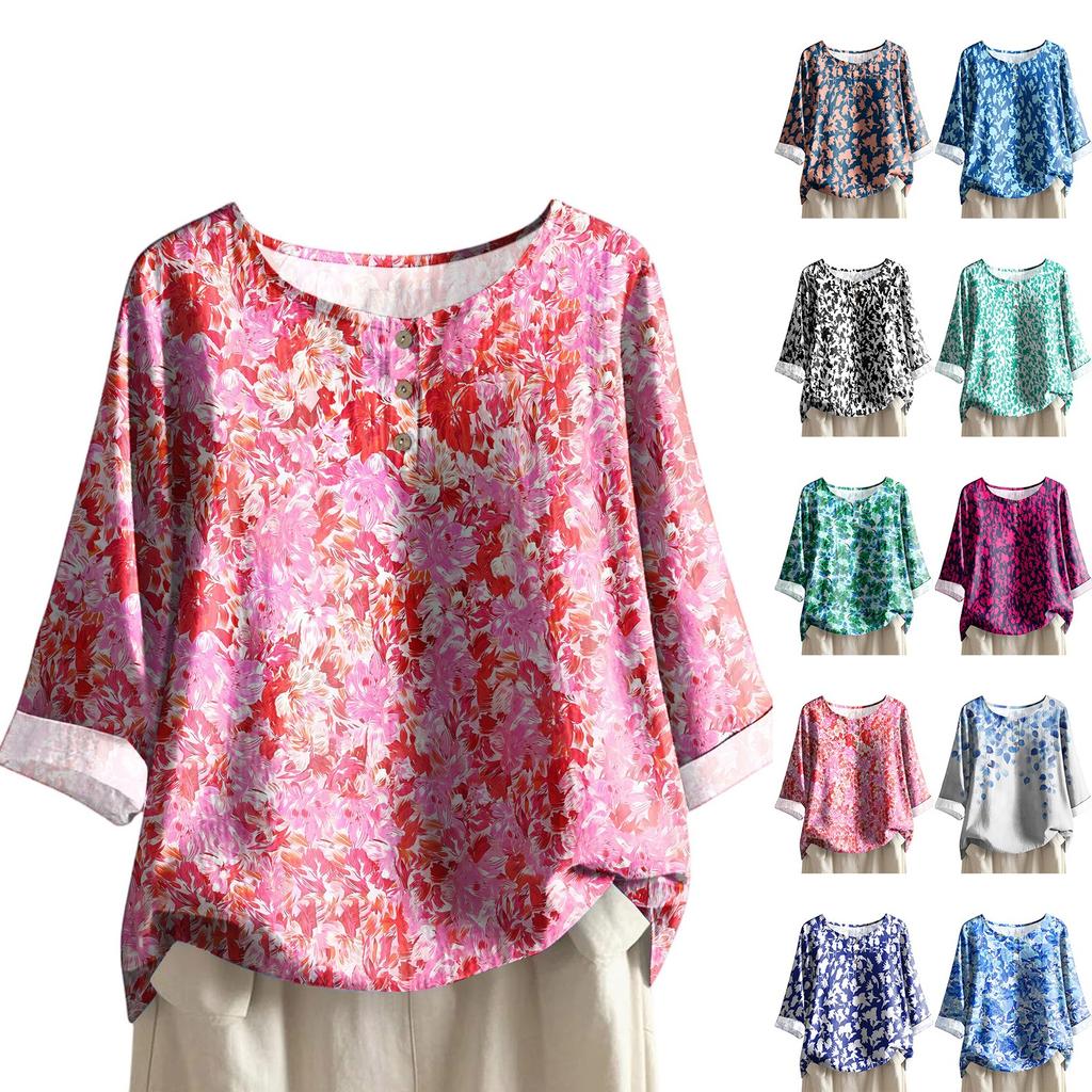 Damen Casual Dreiviertelarm Rundhals Farbverlauf Bedrucktes Baumwoll- und Leinenoberteil