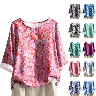 Women's Casual Three-quarter Sleeve Round Neck Gradient Color Printed Cotton And Linen Top