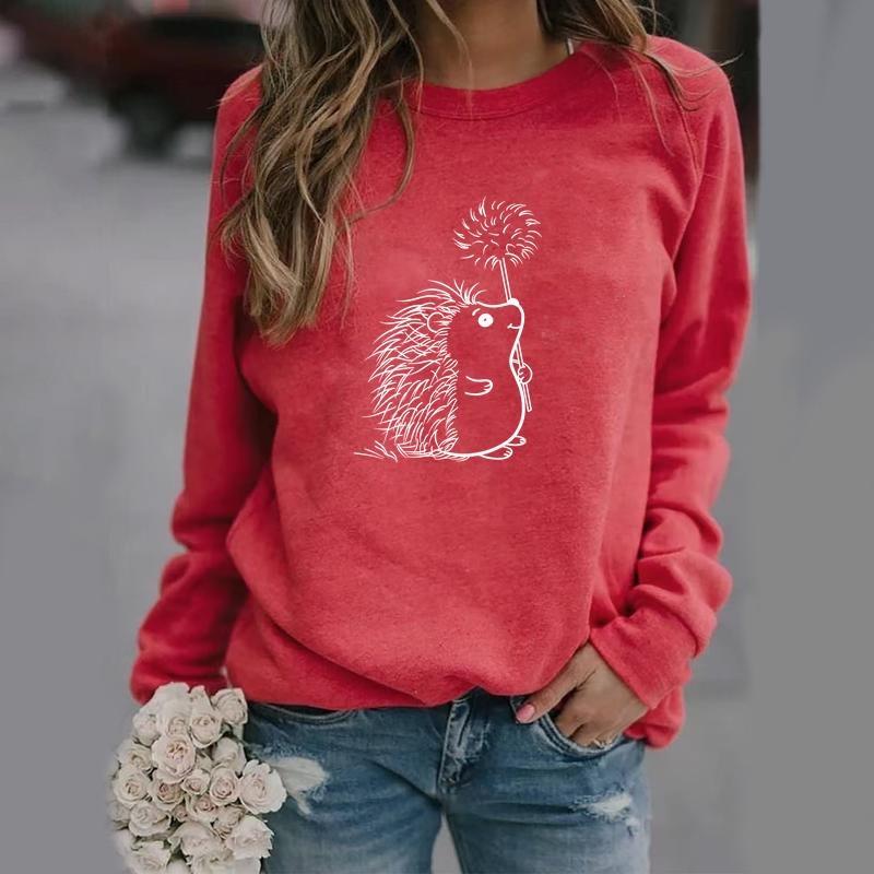 

Милый принтованный свитер с рисунком ежа, женская мода, длинный рукав, уютный круглый вырез, пуловер, свитшот, топ M