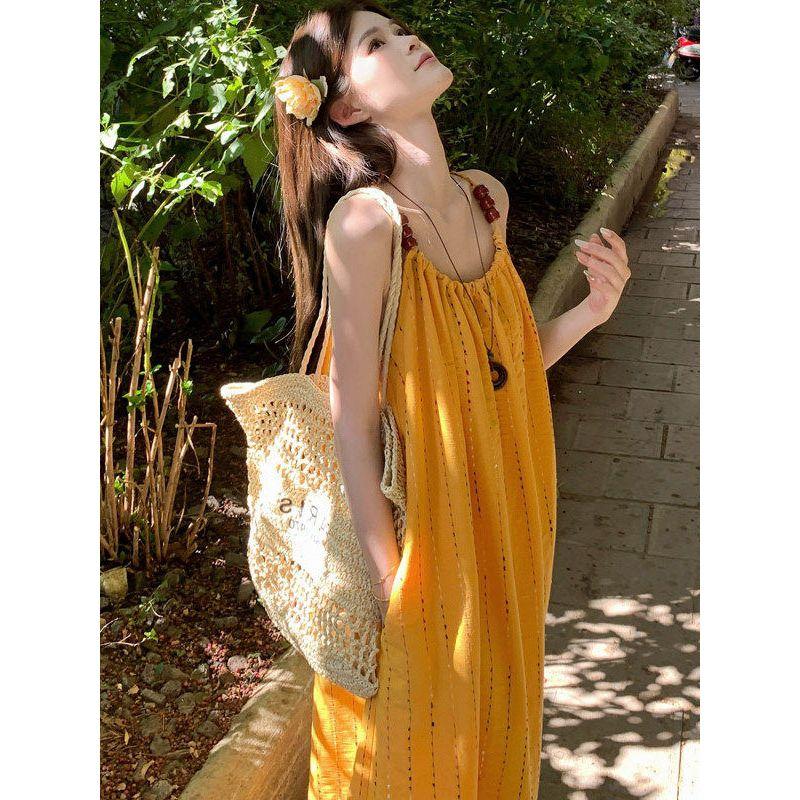 Plus size women clothing Chubby Girl Summer New Korean Style Loose Slimming Super Nice Temperament Yellow Tassel Sling Dress