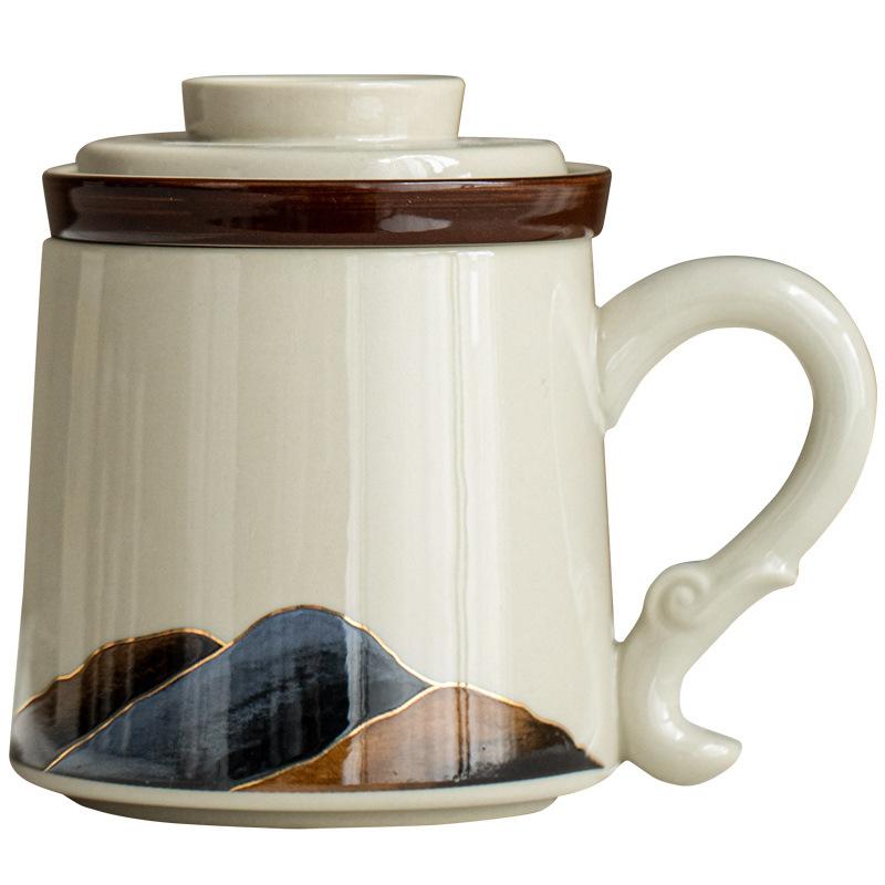 Mountains and rivers tea separation tea cup ceramic mug with lid wooden handle filter tea tea cup office