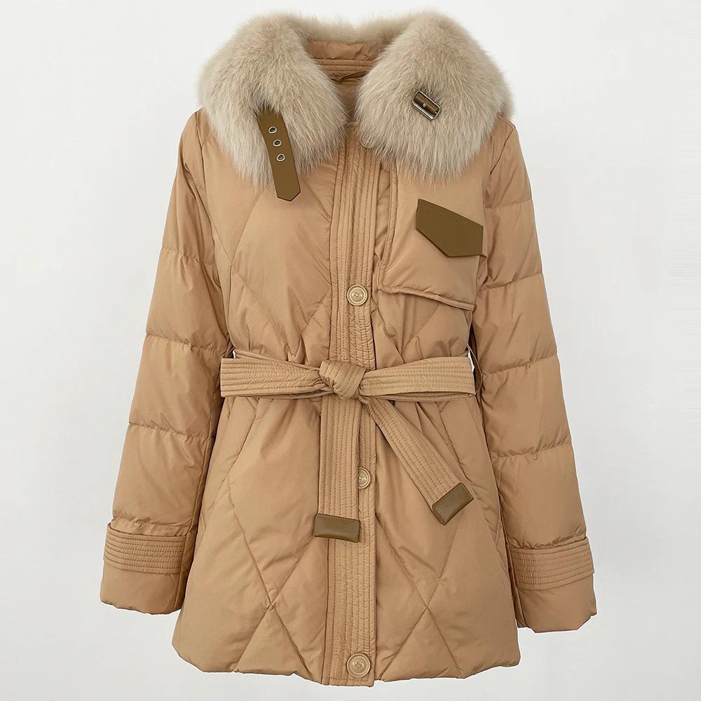 OFTBUY 2024 Winter Jacke Frauen Echt Fox Pelz Kragen Natürliche Dicke Warme Ente Unten Mantel Gürtel Oberbekleidung Streetwear Casual