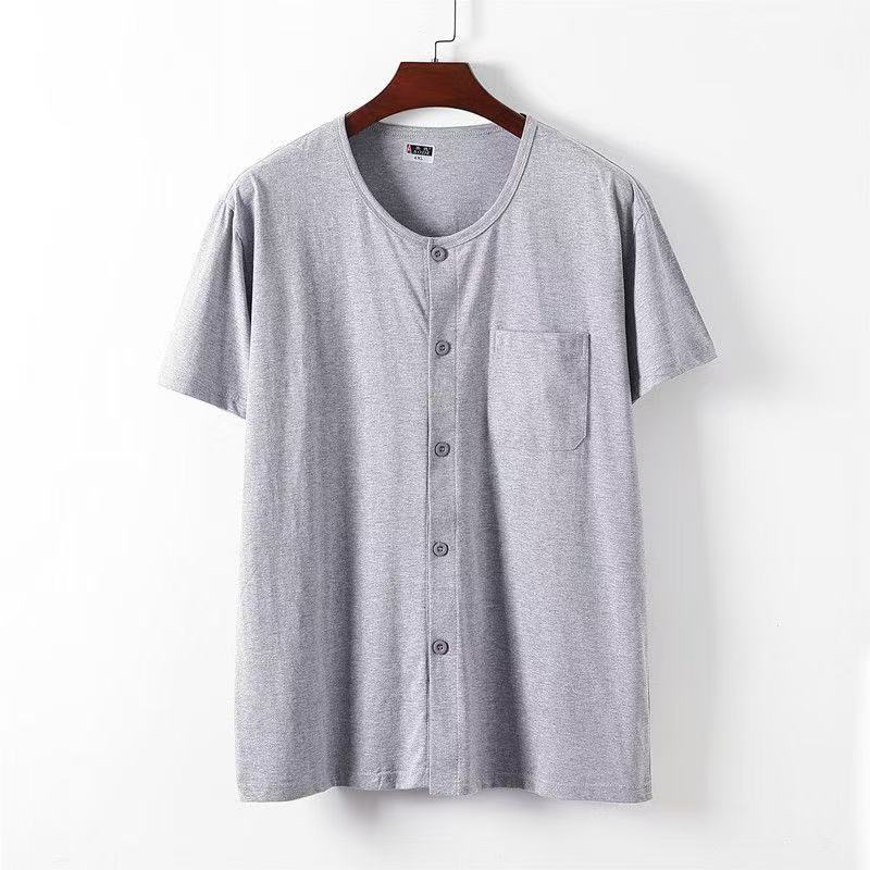 pure cotton short-sleeved men's summer loose crew neck cardigan T-shirt, large size casual top, breathable and comfortable loungewear