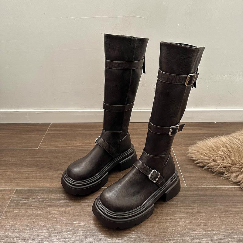 Black Small American Thin Thick-soled Western Cowboy Boots Women's 2025 New Autumn and Winter Heightening Retro Boots