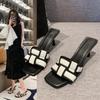Large size outer wear square head high-heeled slippers women's summer new plaid thin heel one-word cool slippers wish