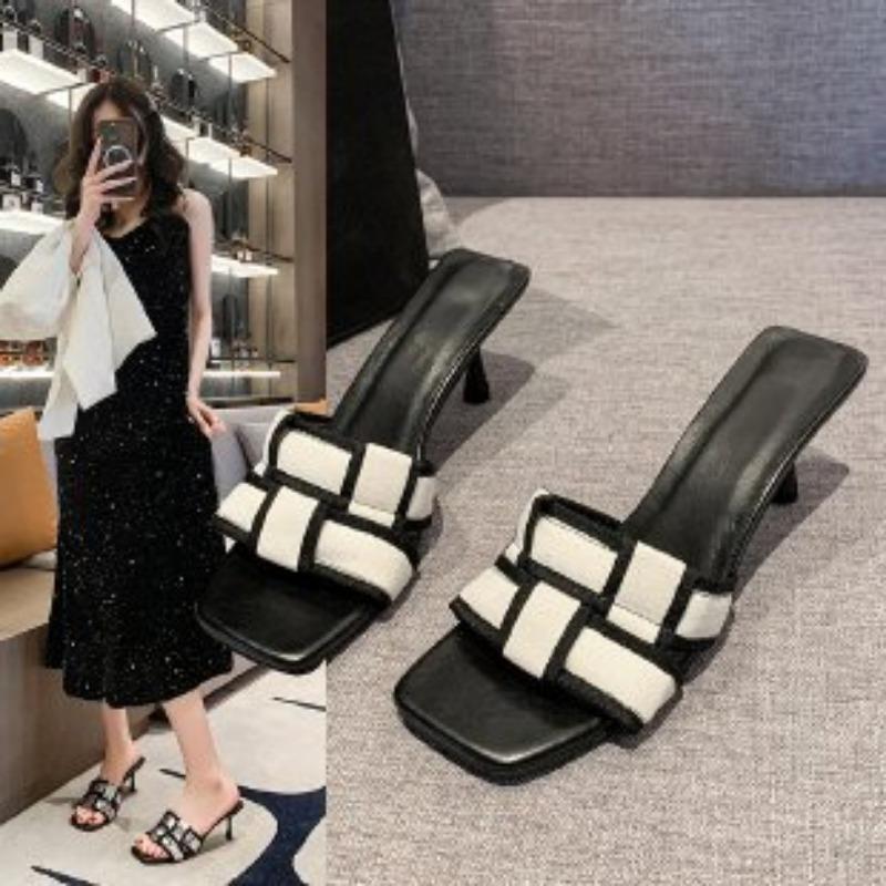 Large size outer wear square head high-heeled slippers women's summer new plaid thin heel one-word cool slippers wish