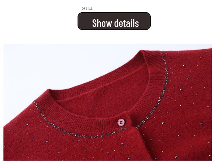 Women's Pure Wool Knit Cardigan - Spring Fashion Casual Round Neck Sweater for Middle-aged Mothers, Autumn/Winter Outerwear