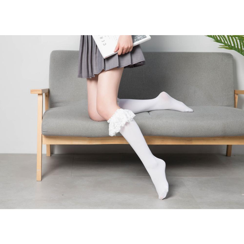Lolita Girls Lace Pile Socks, Medium Tube Socks, Velvet Calf Socks, Black and White Over Knee