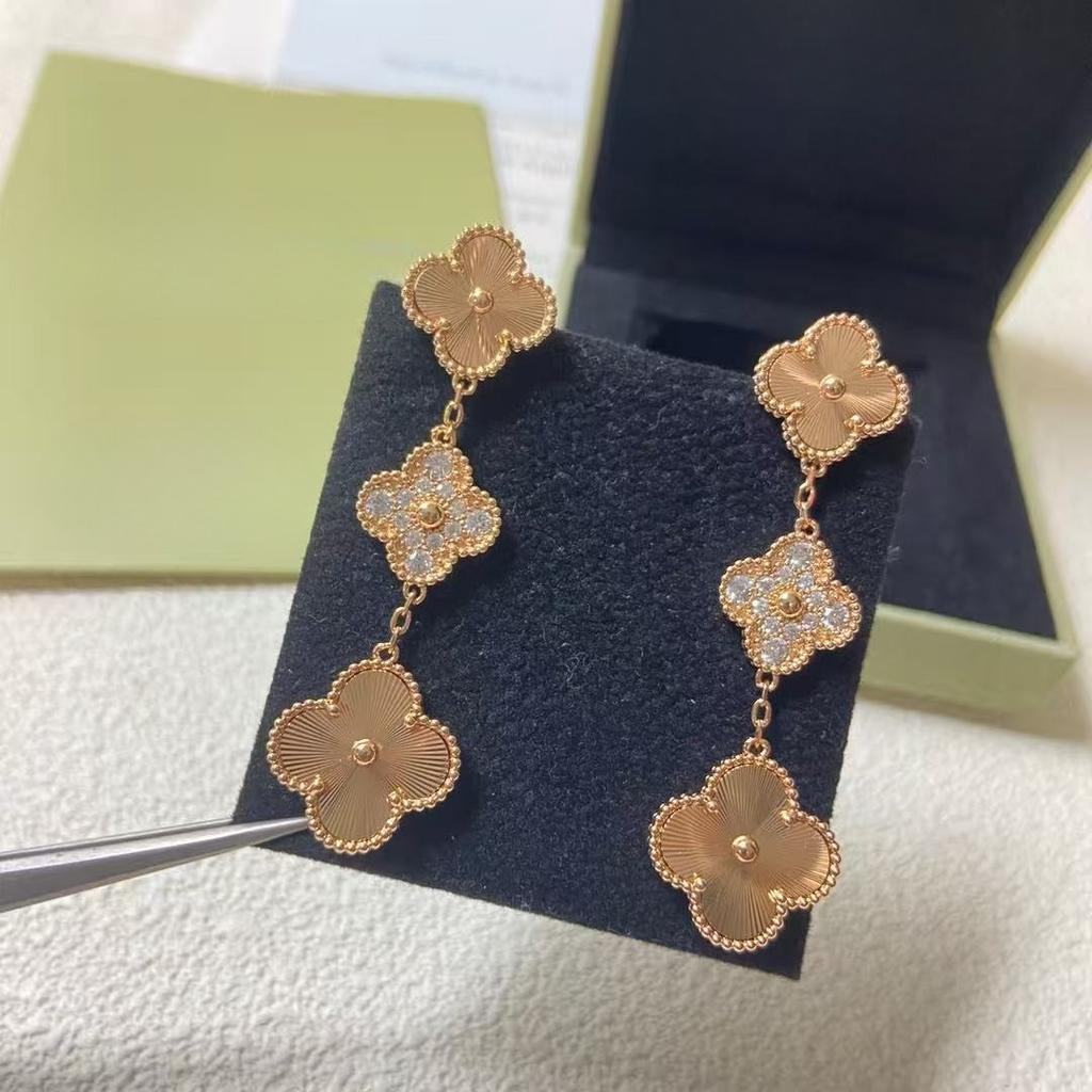 New Arrival Four-leaf Clover 18k Laser 3 Flower Long Earrings for Women High-end Earrings