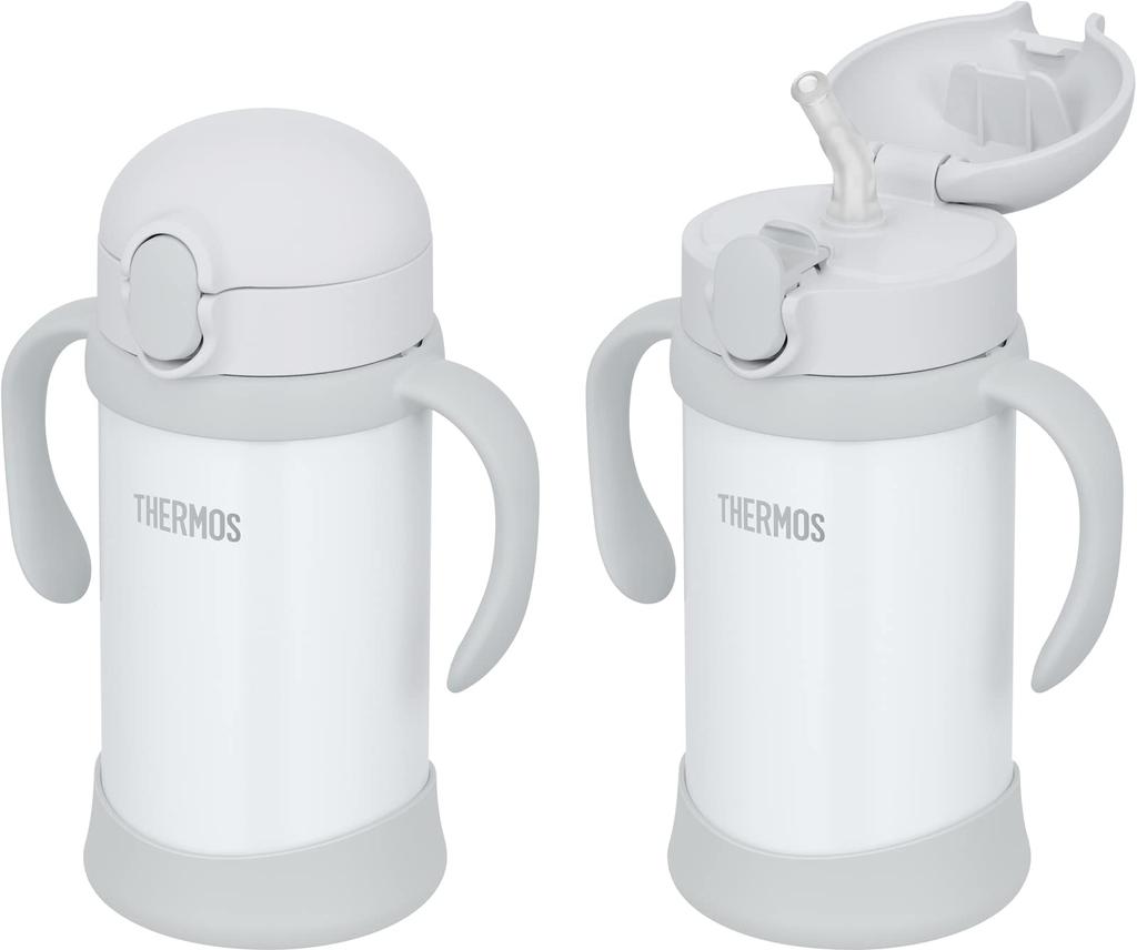 THERMOS Baby Straw Mug FJL-350 Gray (GY) 350ml Water Bottle for Children, Stainless Steel Vacuum Insulation, Spare Straw Set Included, Easy One-Touch
