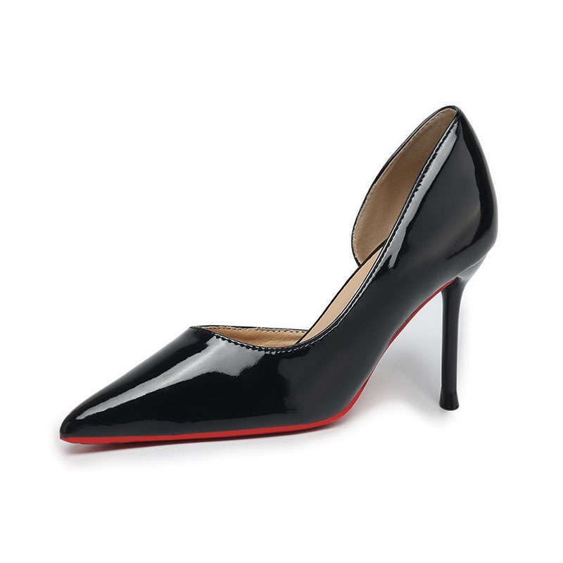 Stylish Black High Heels, Thin Heels, Side Empty Pointed Head, Shallow Mouth Dress, Simple and Versatile Patent Leather, Spring and Summer Red-soled