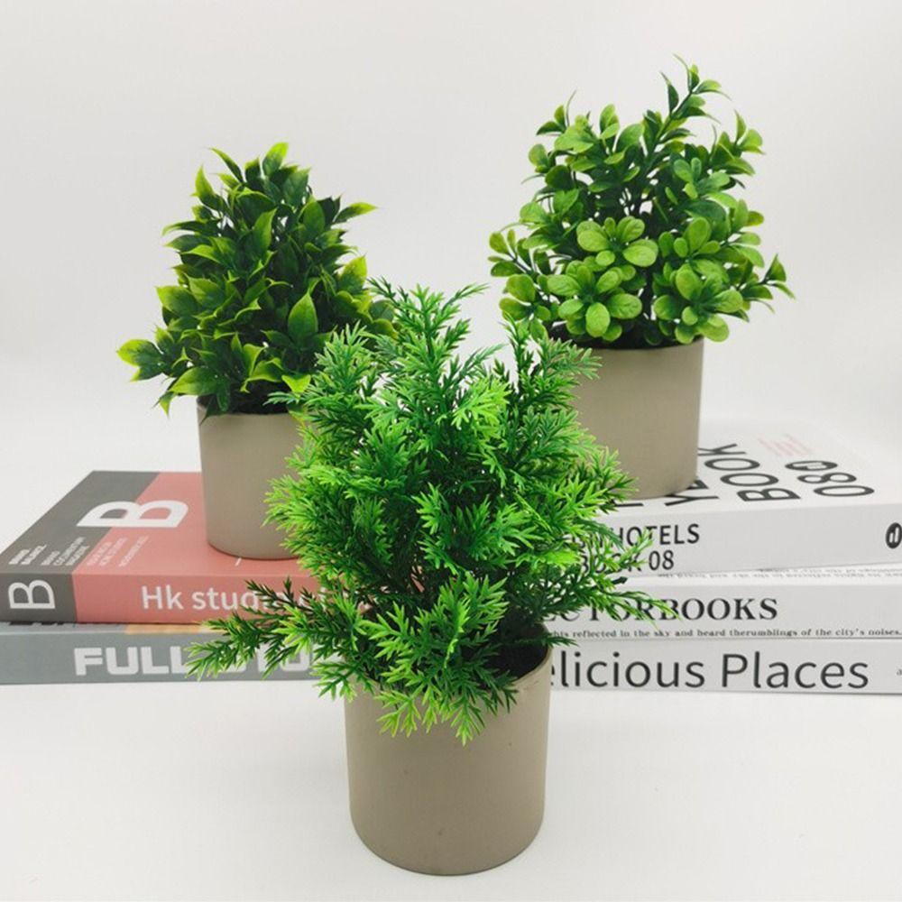 Creative Green Leaves Artificial Grass Bonsai with Flowerpot Ornament Potted Plant Photo Props Faux Flowerpotted Gift