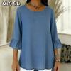 QICED Damen Mode Lässig Einfarbiger Druck 3/4 Ärmel O-Ausschnitt Blusen & Hemden