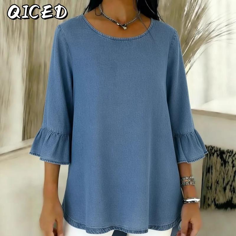 QICED Damen Mode Lässig Einfarbiger Druck 3/4 Ärmel O-Ausschnitt Blusen & Hemden