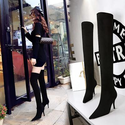 Spitze Zehenpartie Flock Sexy Overknee-Stiefel Schwarz Plüsch Warme Winterstiefel 9,5 cm Dünne Absätze Mode Damenschuhe Übergröße 39 40