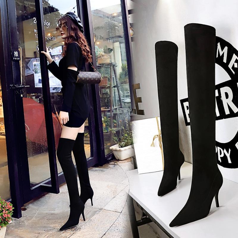 Pointed Toe Flock Sexy Over-the-Knee Boots Black Plush Warm Winter Boots 9.5cm Thin Heels Fashion Women Shoes Plus Size 39 40
