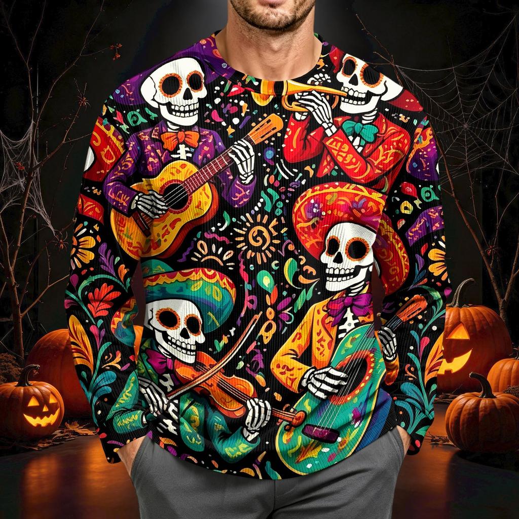 Men's Corduroy Long Sleeve Neck Shirt Halloween Print Casual Pullover Top