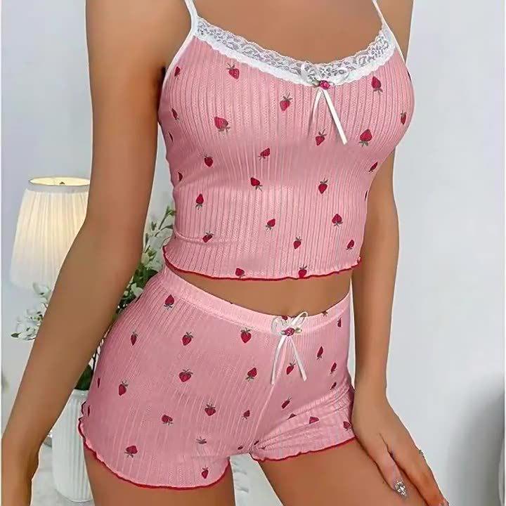 Strawberry Print Camisole Shorts Pajama Set with Bow - Women's Summer Loungewear