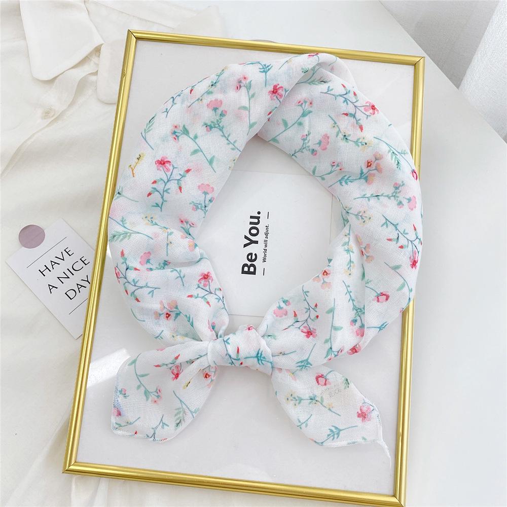Floral Cotton Linen Silk Scarf: Women's Square Headband for Spring, Summer, Autumn - Korean Fresh Style