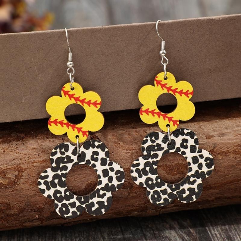 Retro Wood Earrings with Unique Hollow Flower and Cow Pattern Elegant Drop Ear Pendant for Stylish Ladies